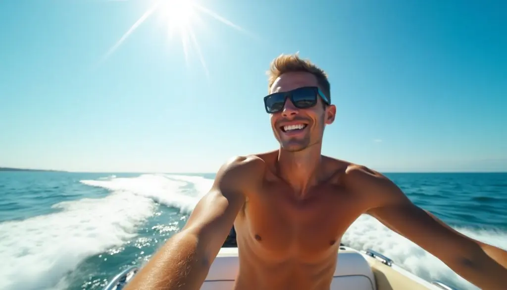 Lächelnde Person auf einem Motorboot unter sonnigem Himmel.