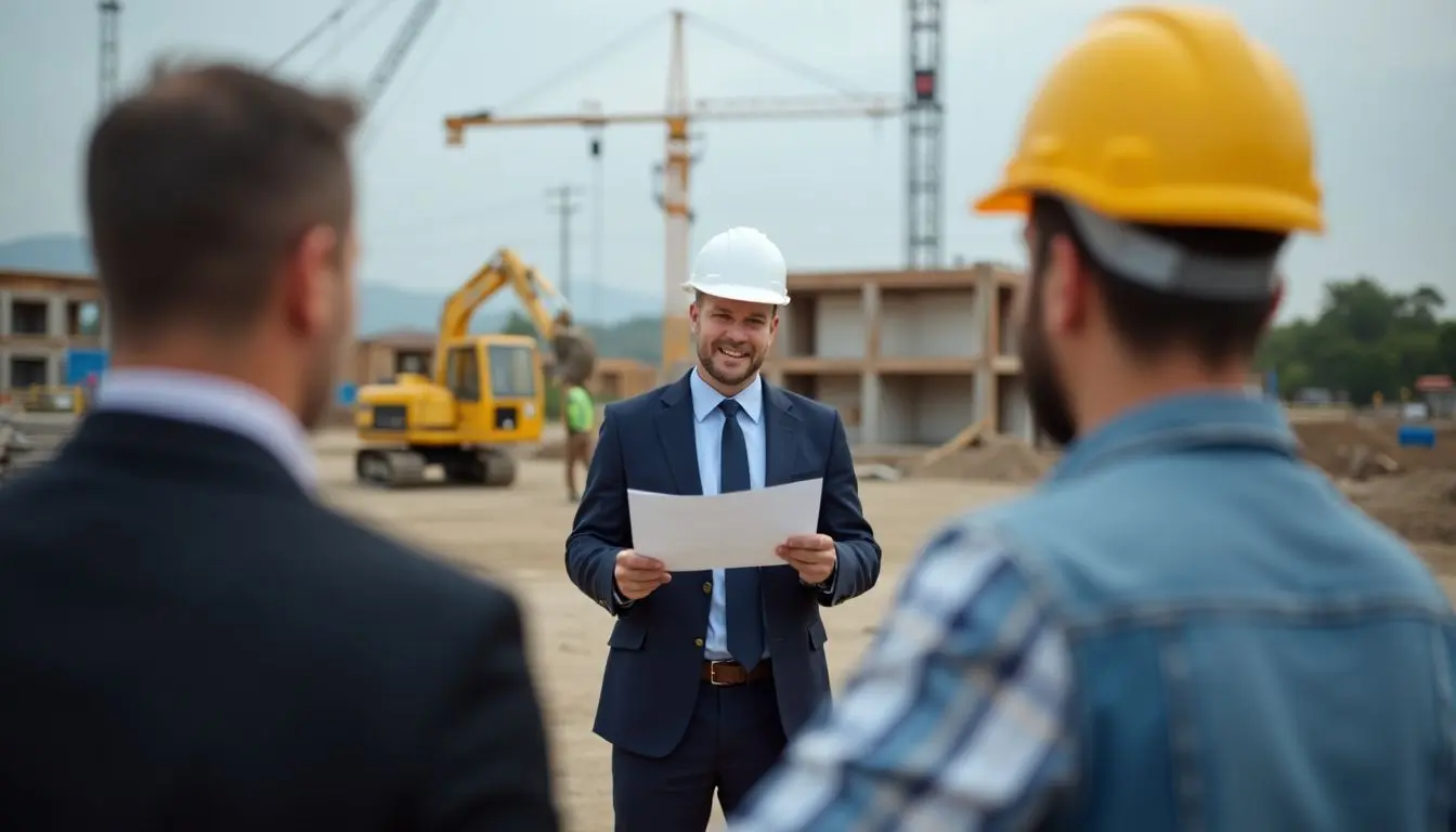 Rechtsanwalt berät Kunden auf Baustelle zum Thema Baurecht