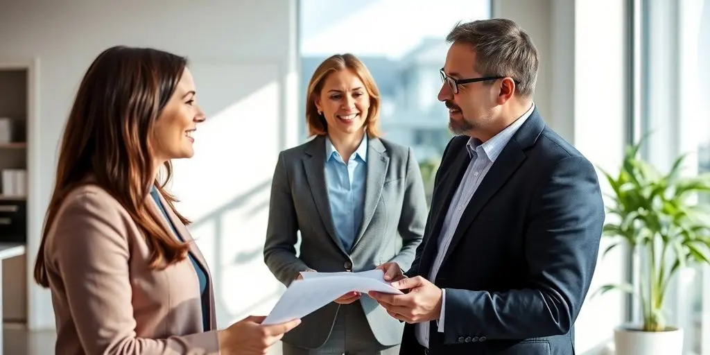 Beratungsgespräch im modernen Büro über Hakenlastversicherung.