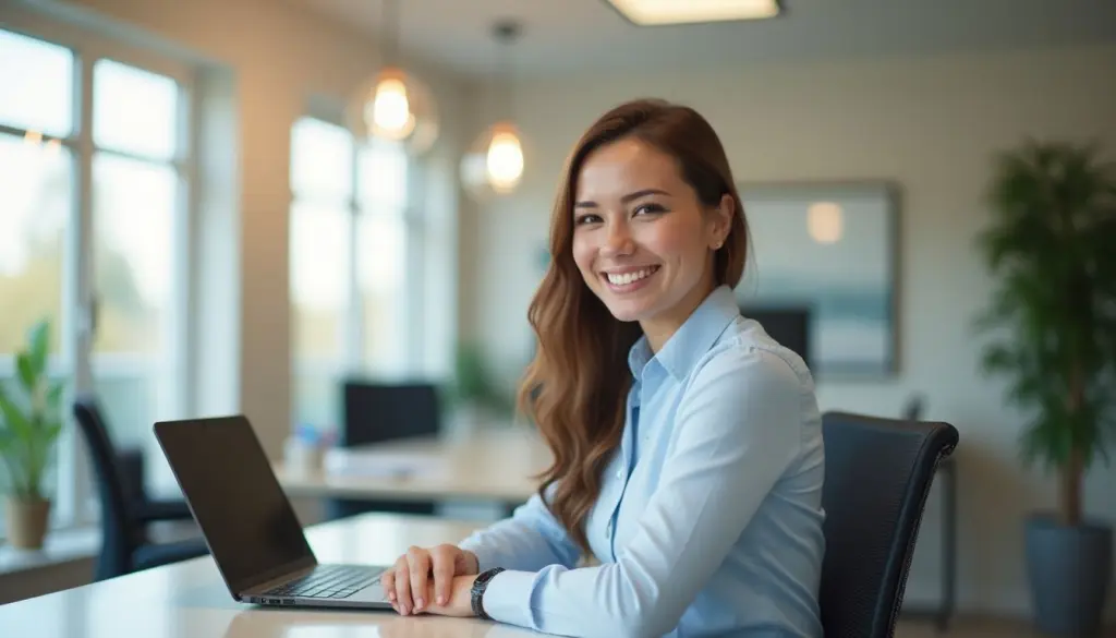 Lächelnde Sachbearbeiterin der AOK Nordost arbeitet im hellen modernen Büro am Laptop.