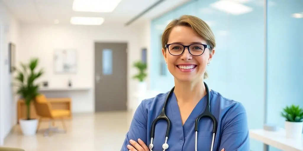 Junge Ärztin im Krankenhaus freut sich über die Kostenübernahme durch die AOK Nordost.