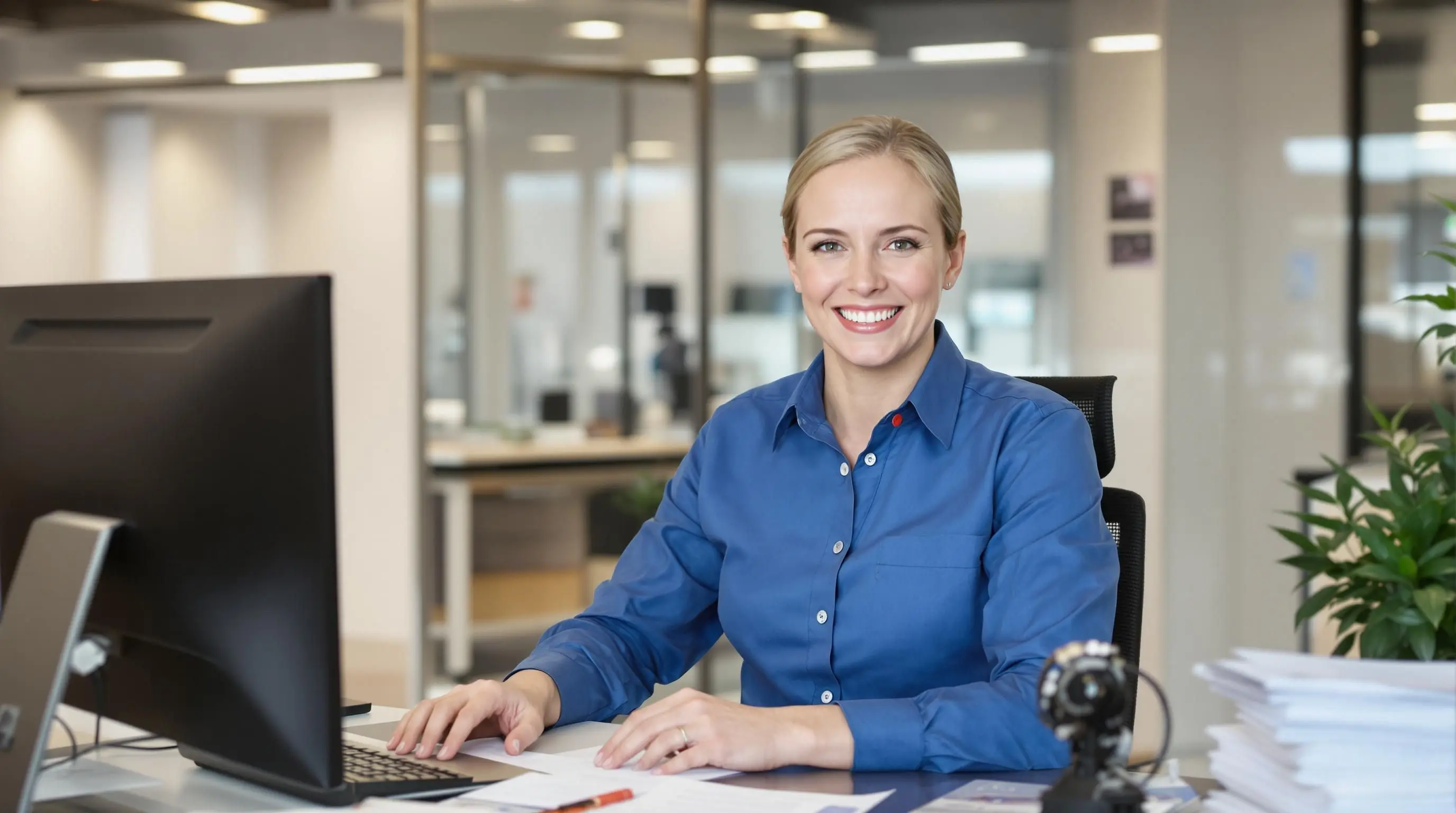 Smiling insurance clerk in a modern office.