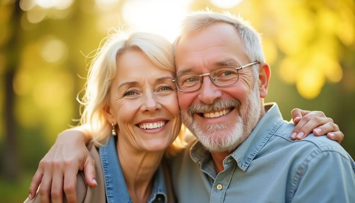 Happy older couple in a bright setting.