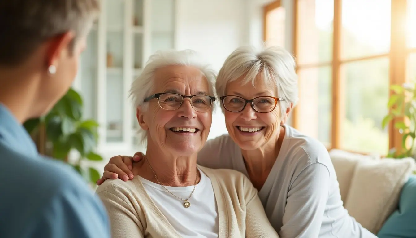 Elderly couple smiling in a bright setting.