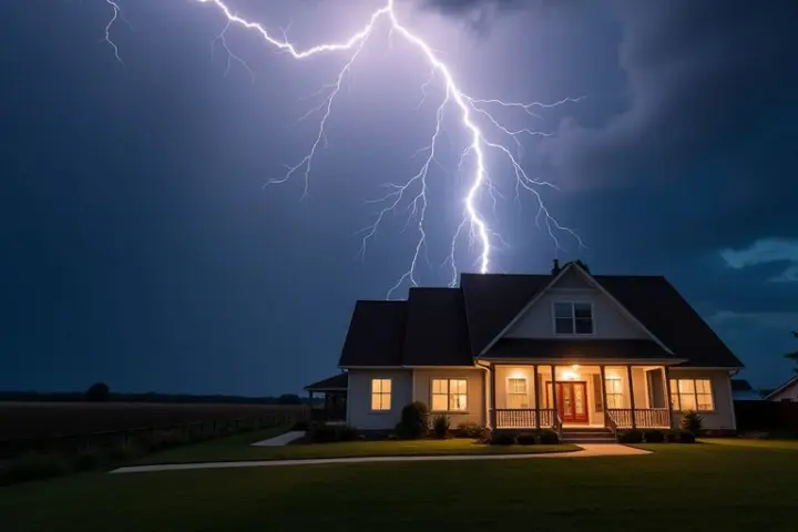 Blitz schlägt in ein Haus während eines Sturms.