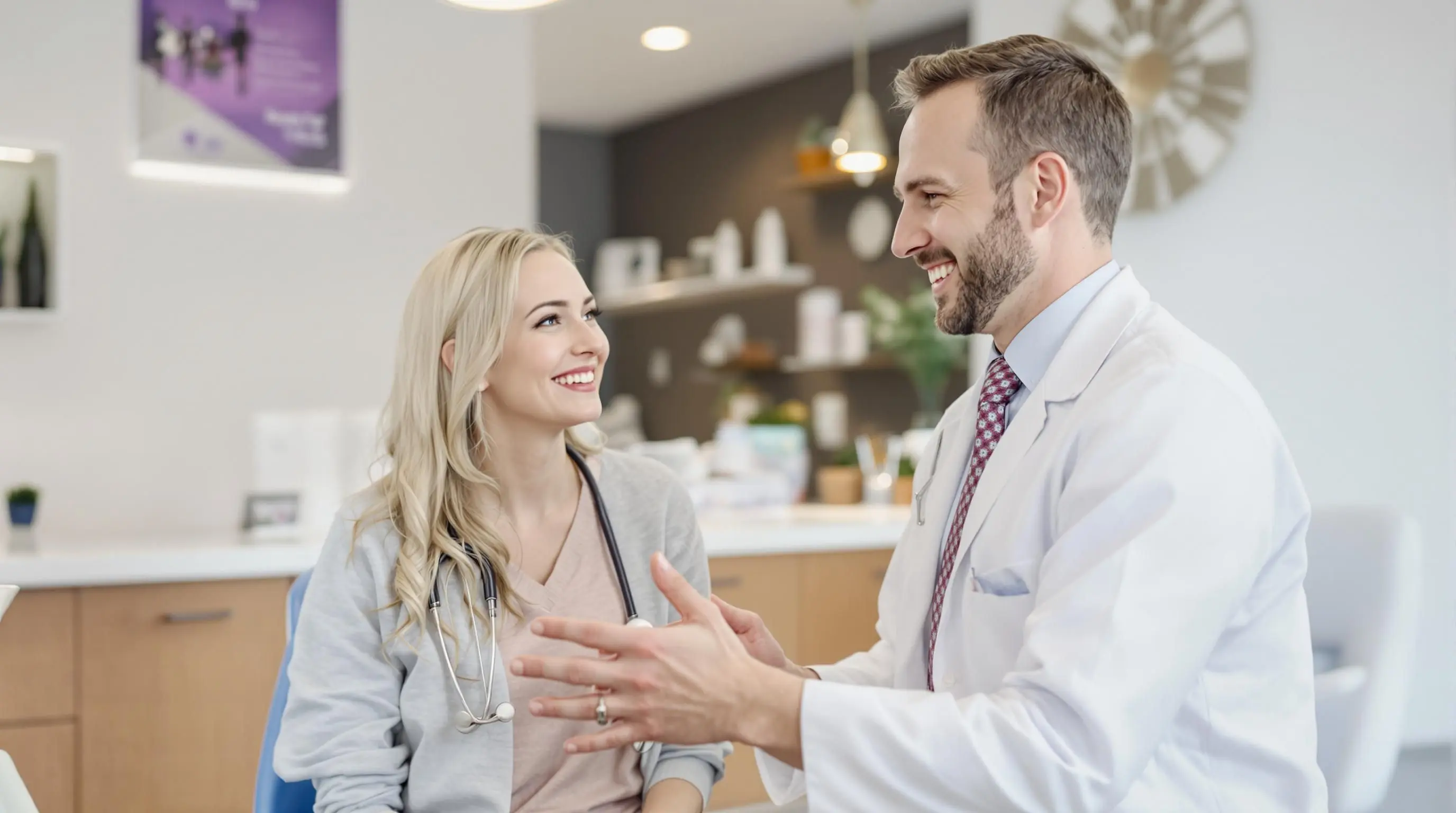 Arzt bespricht mit Patientin Behandlungsformen bei Akne