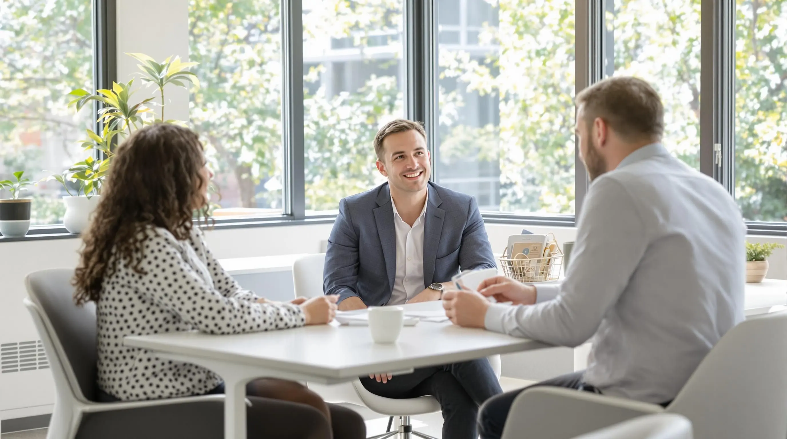 Consultant and client in a bright office discussing insurance.