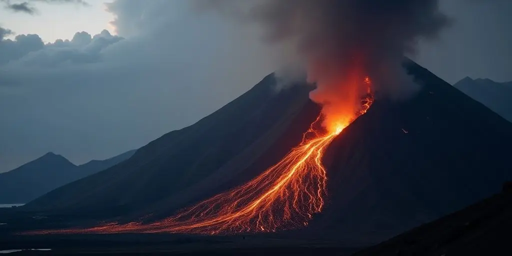 Vulkan mit glühender Lava und Rauchwolken.