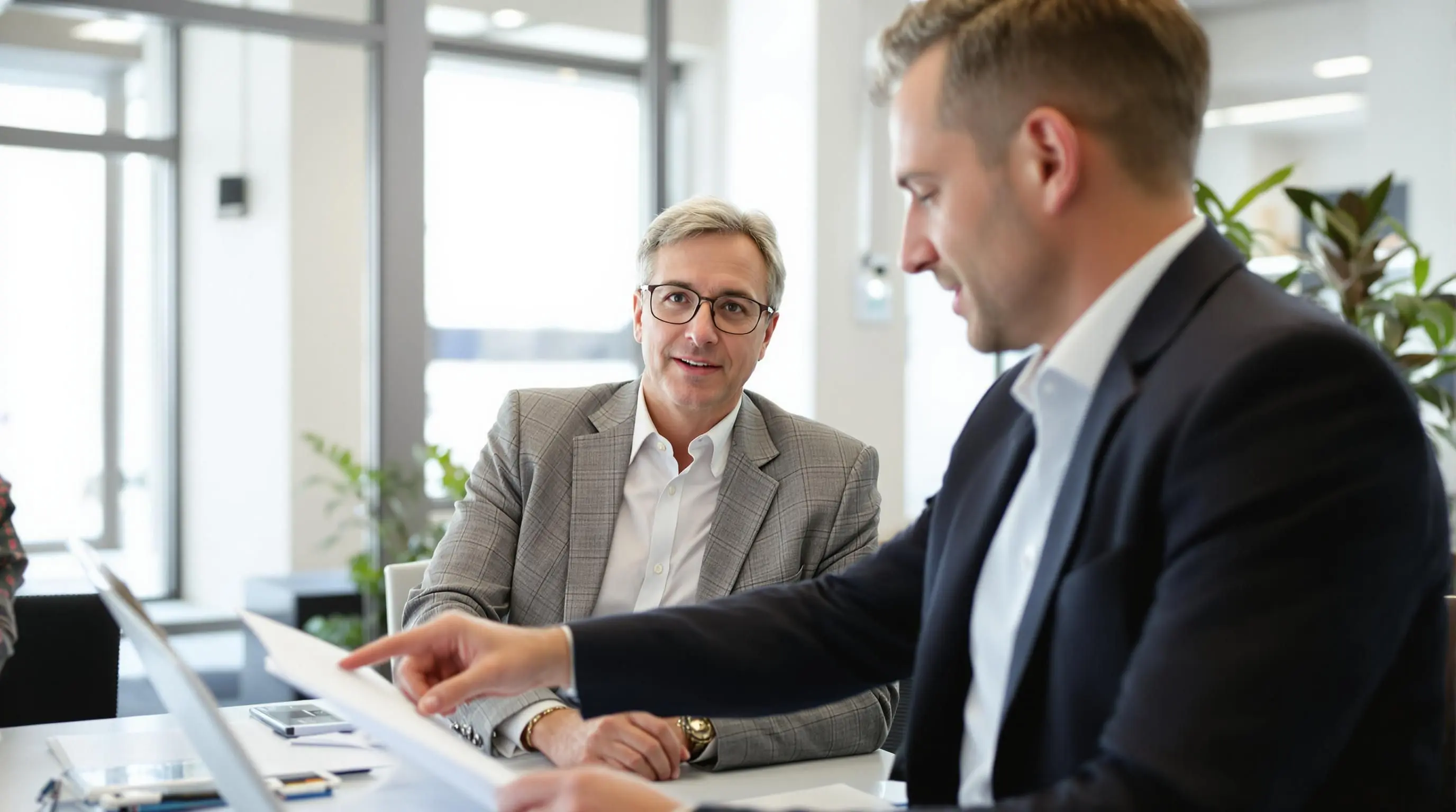Advisor and client in a bright office discussing insurance.