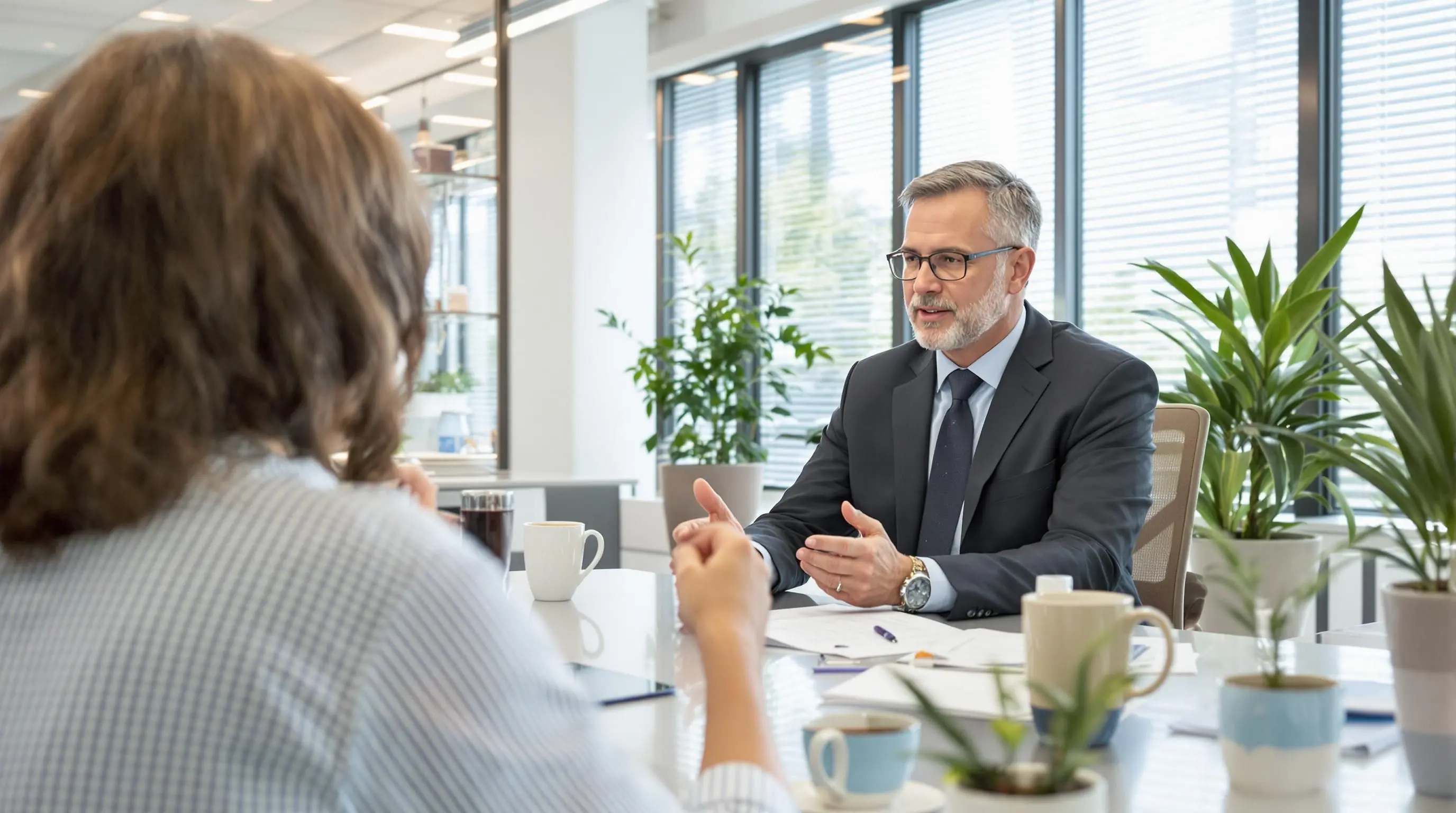 Insurance expert advising a client in a bright office.