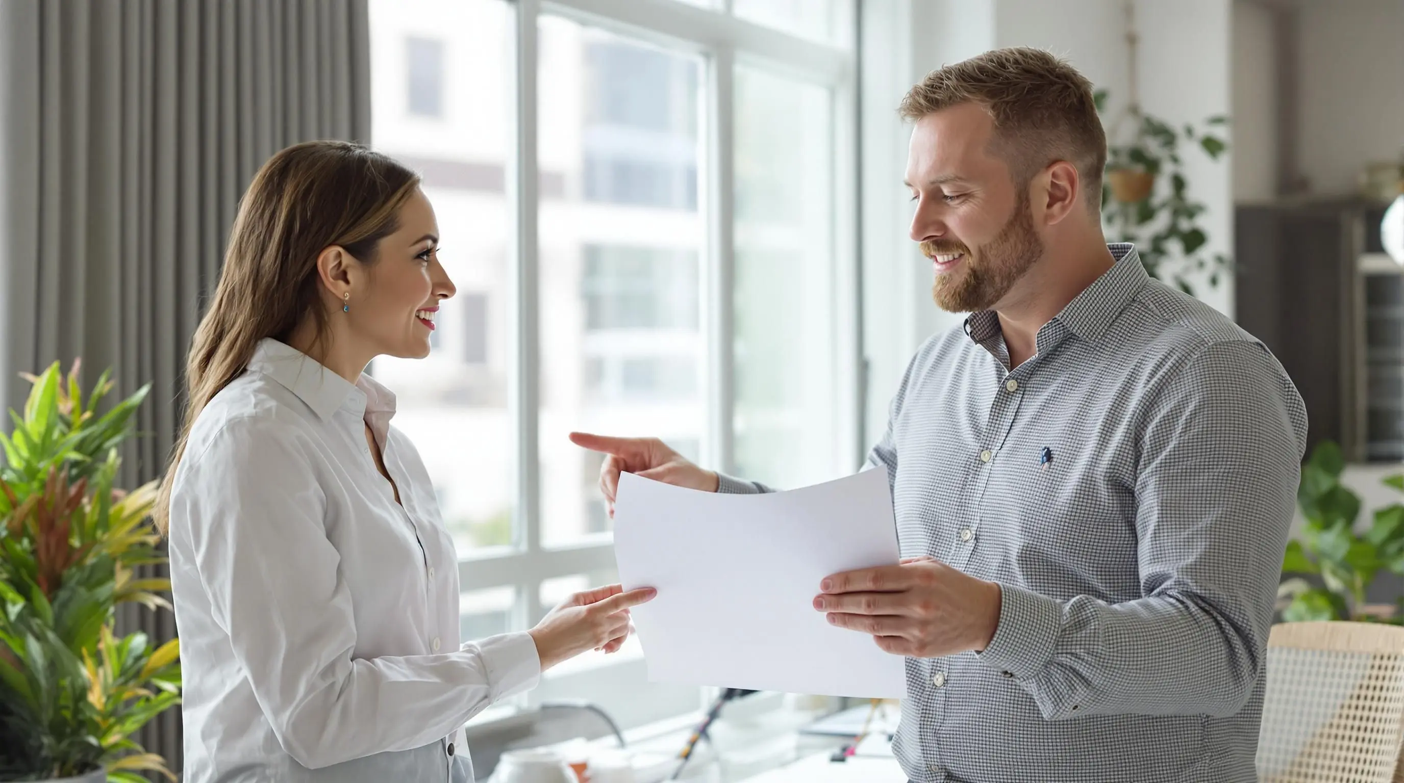 Consultant and client discussing in a bright office.