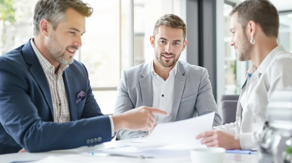 Advisor and client discussing insurance in a bright office.