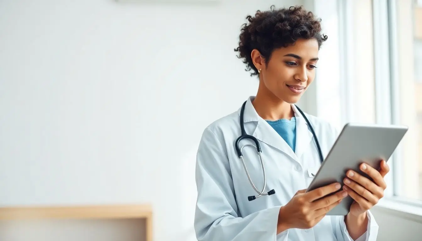 Ärztin mit Tablet informiert sich über Anorektale Fistel