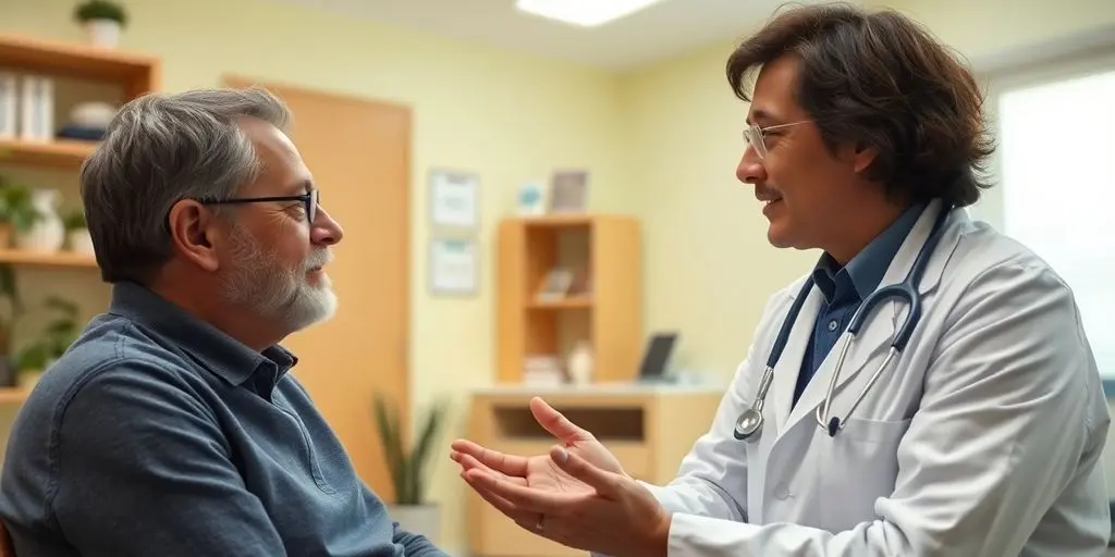 Patient und Arzt in einer hellen Arztpraxis besprechen Diphtherie.