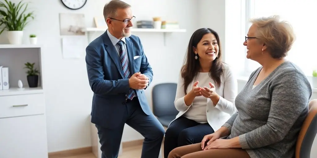 Patient und Arzt sprechen im hellen medizinischen Raum über Hämorrhoiden.