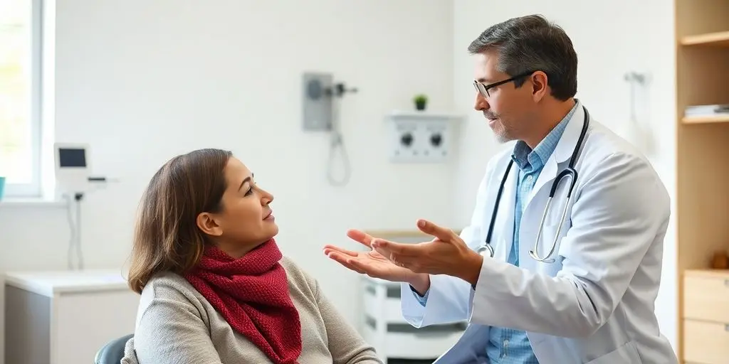 Meningoenzephalitis: Patient und Arzt in einer hellen Arztpraxis.