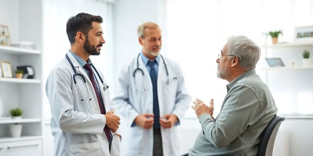 Leberabszess: Arzt und Patient in einer hellen Arztpraxis.