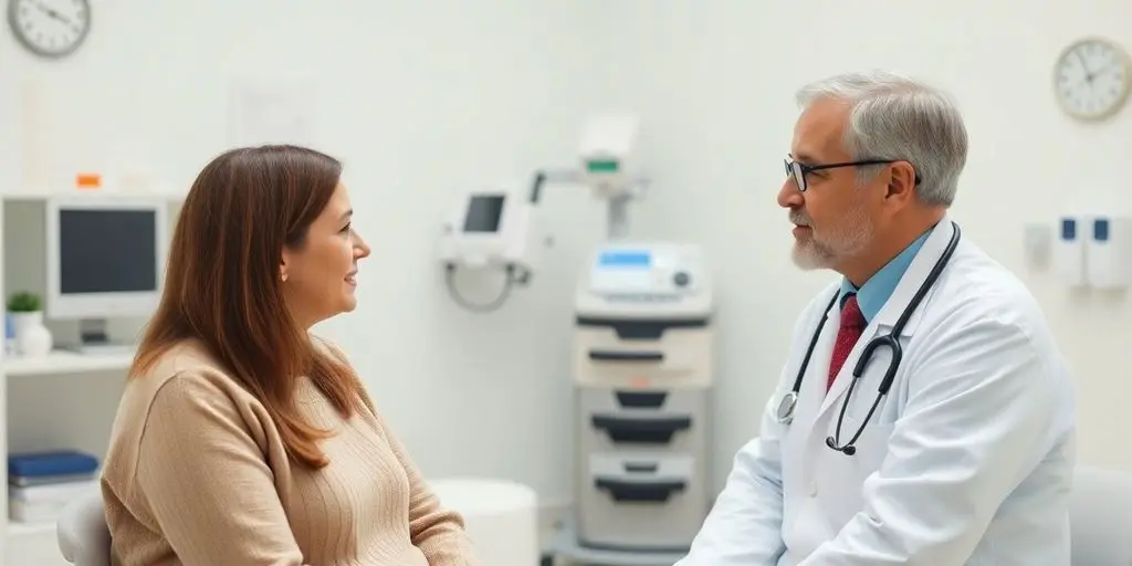 Hypercholesterinämie: Patient und Arzt in einer hellen Arztpraxis.