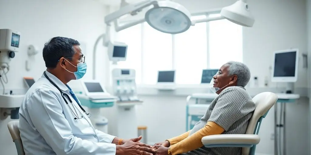Lepra: Patient und Arzt in einer hellen Arztpraxis.