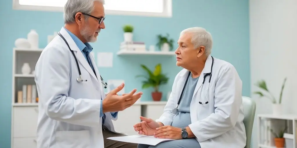 Hypertensive Krise: Patient und Arzt in einer hellen Arztpraxis.