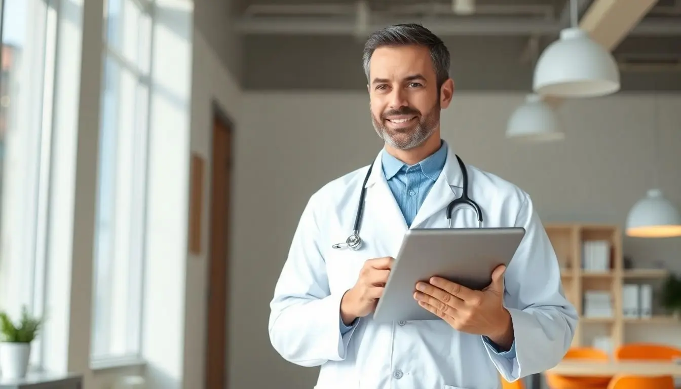 Chagas Krankheit: Arzt mit Tablet in moderner Praxis