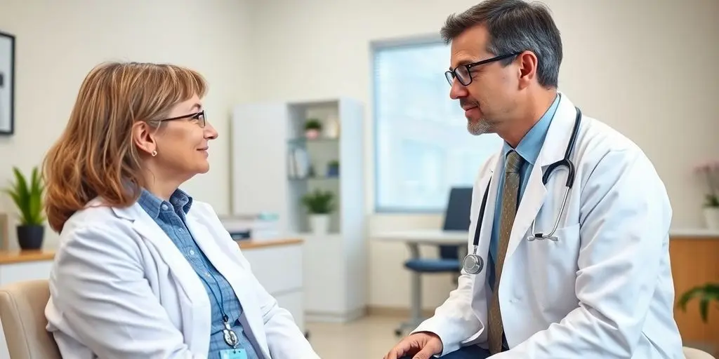 Larynxkarzinom: Patient und Arzt in einer hellen Arztpraxis.