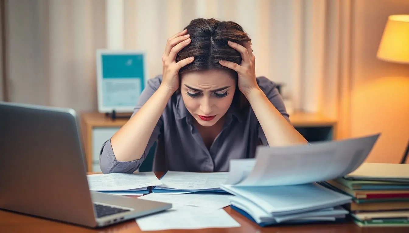 Frau mit Burnout am Schreibtisch