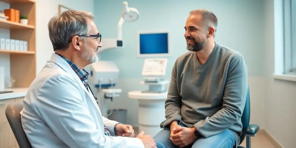 Hüftdysplasie: Patient und Arzt in einer hellen Arztpraxis.