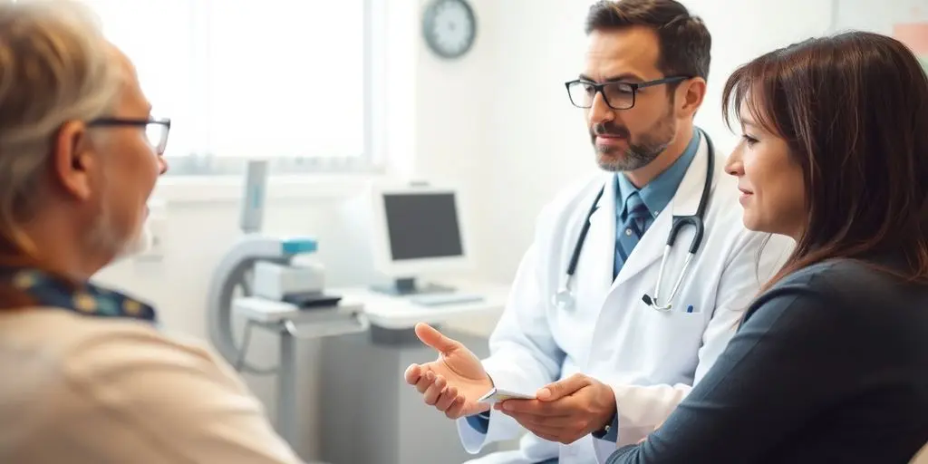 Eosinophilie: Arzt spricht mit Patient in heller Arztpraxis.