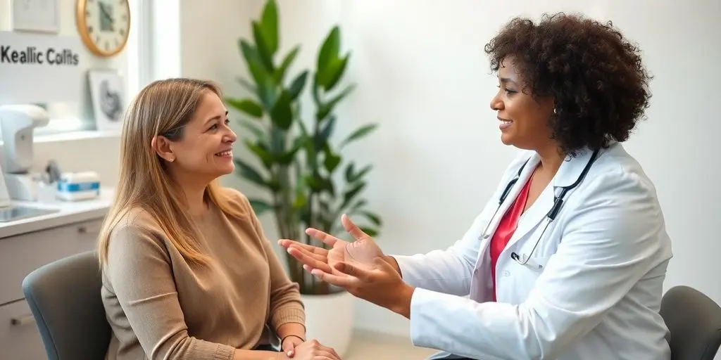 Patient und Arzt in einer hellen Arztpraxis.