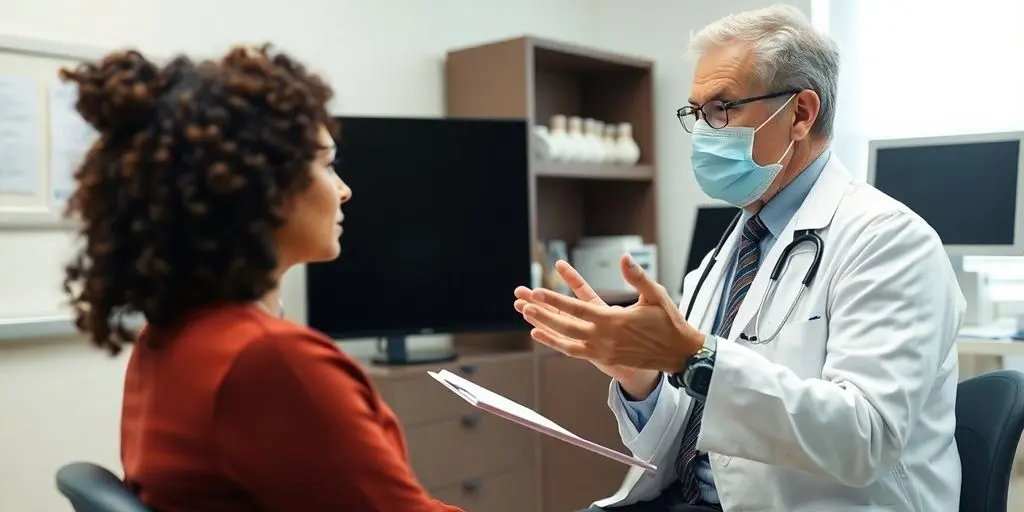 Influenza: Patient und Arzt in einer hellen Arztpraxis.