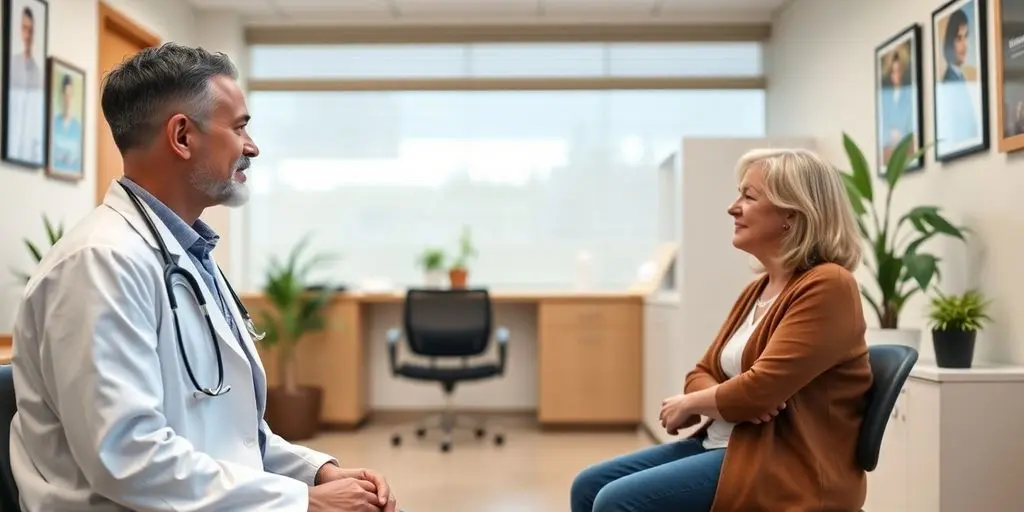 Patient und Arzt in heller medizinischer Praxis sprechen über Depression.