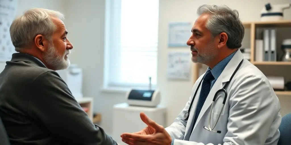 Herzrhythmusstörungen: Patient und Arzt in einer hellen Arztpraxis.
