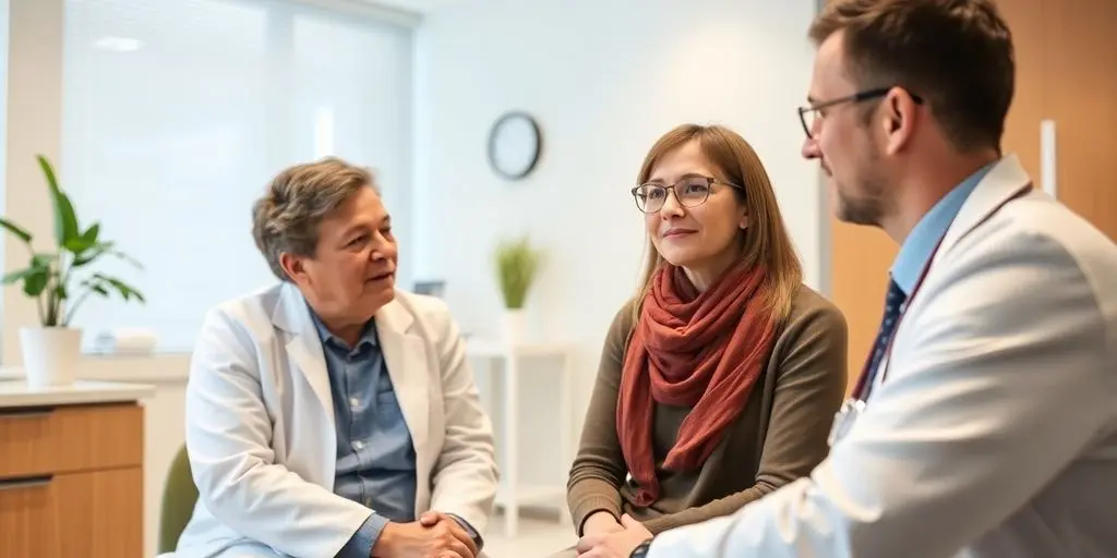 Polycythaemia vera: Patient und Arzt in einer hellen Arztpraxis.