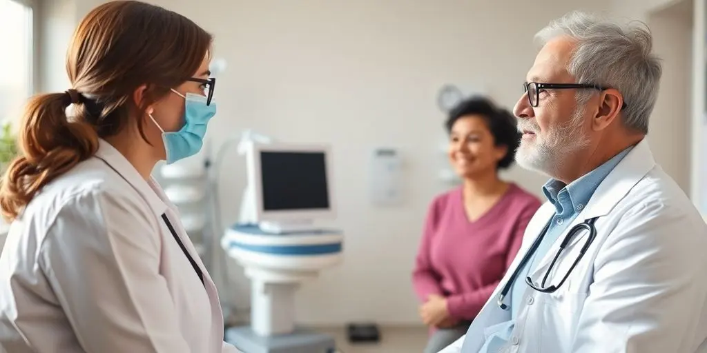 Patient und Arzt in einer hellen Arztpraxis.