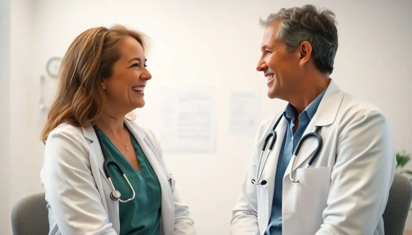 Schilddrüsenunterfunktion: Doctor and patient smiling in a bright medical office.