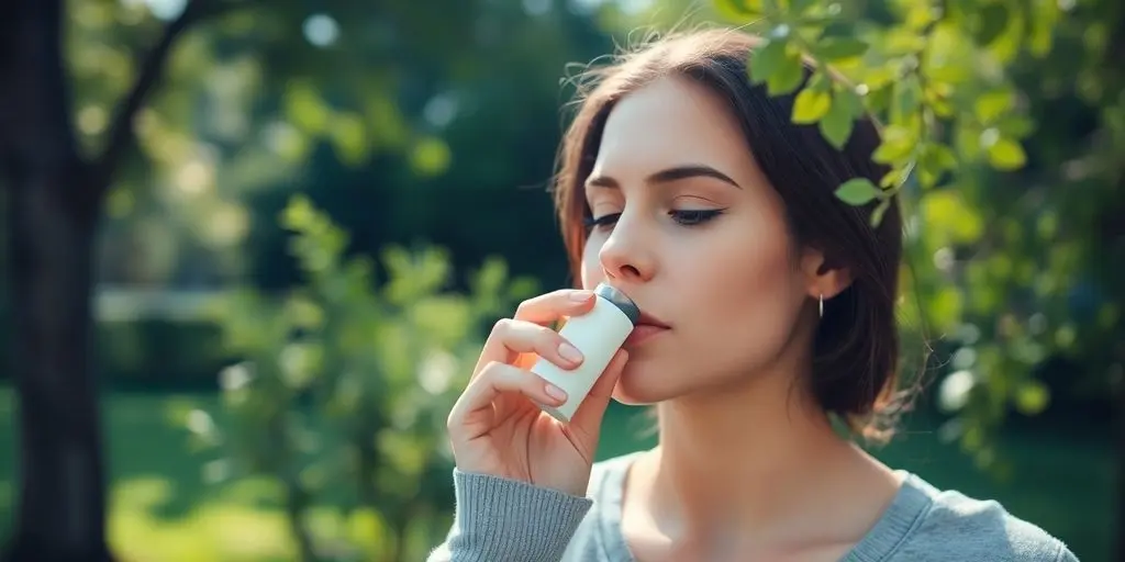 Asthma bronchiale: Frau mit Inhalator in der Natur, entspannte Atmosphäre.