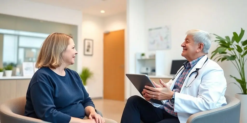 Gastroenteritis: Patient und Arzt in einer hellen Arztpraxis.