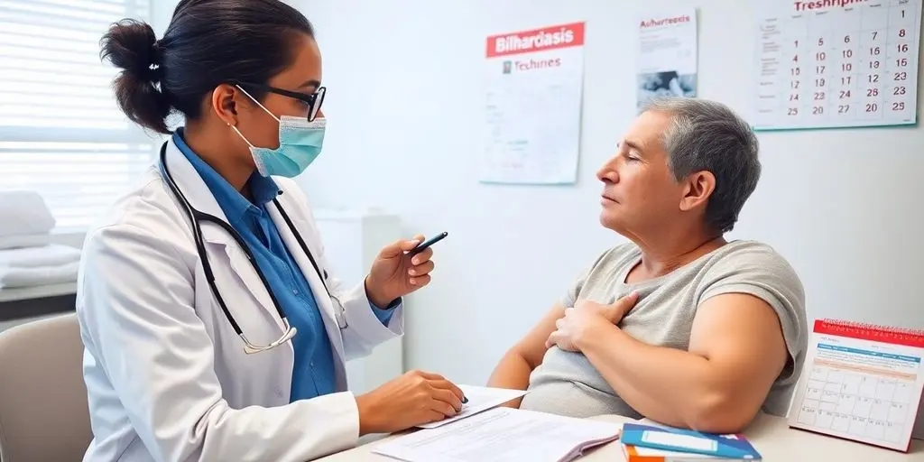 Medizinischer Fachmann mit Patienten zur Bilharziose-Behandlung.