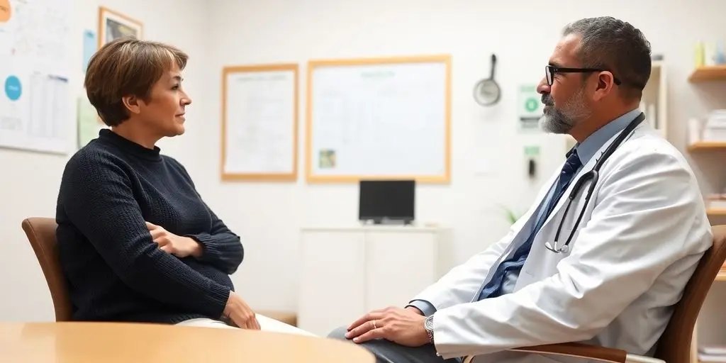 Arzt in einer hellen Arztpraxis erläutert Colitis ulcerosa.