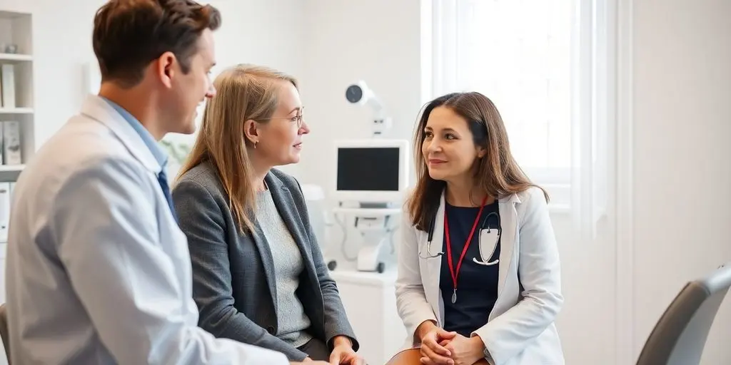 Patient und Arzt in einer hellen medizinischen Praxis.