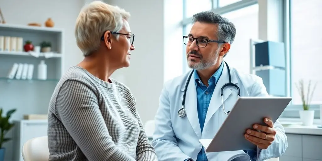 Hepatitis D: Patient und Arzt im hellen medizinischen Raum.