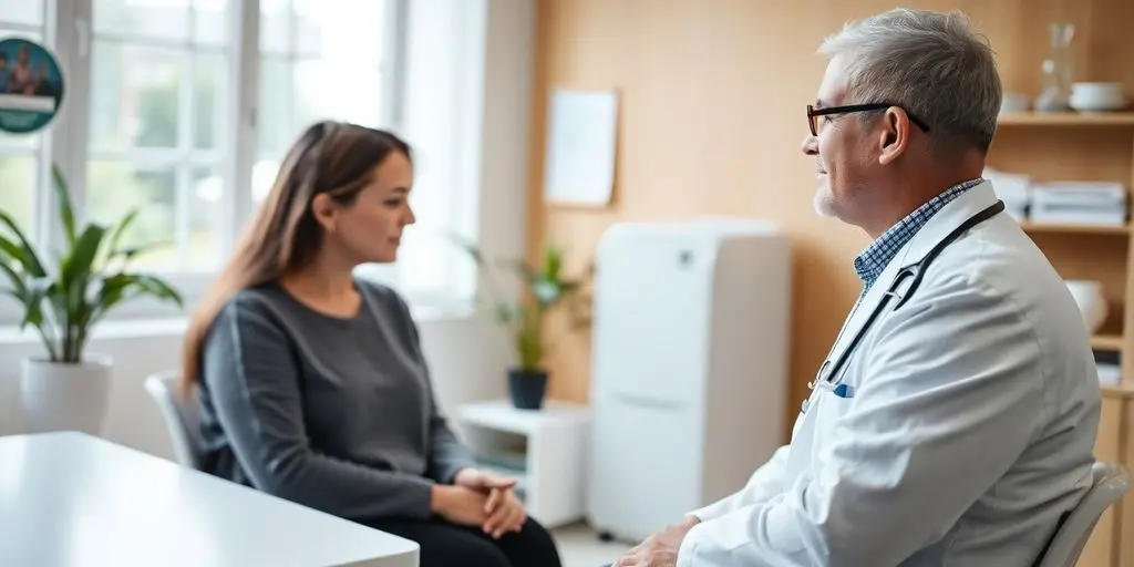 Somnolenz: Patient und Arzt in einer hellen Praxis.