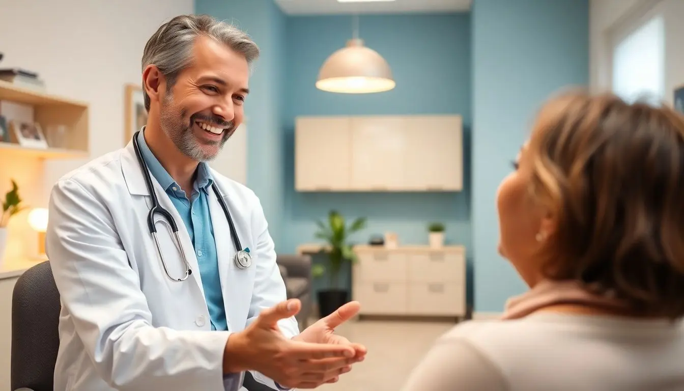 Arzt mit Patientin sprechen über Chondrokalzinose.