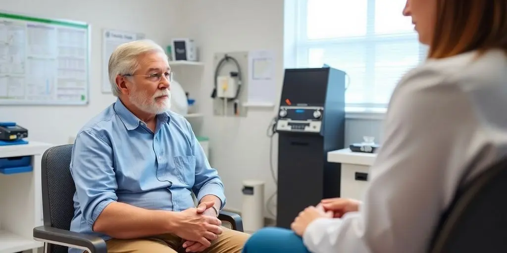 Thrombose: Patient und Arzt in einer hellen Arztpraxis.