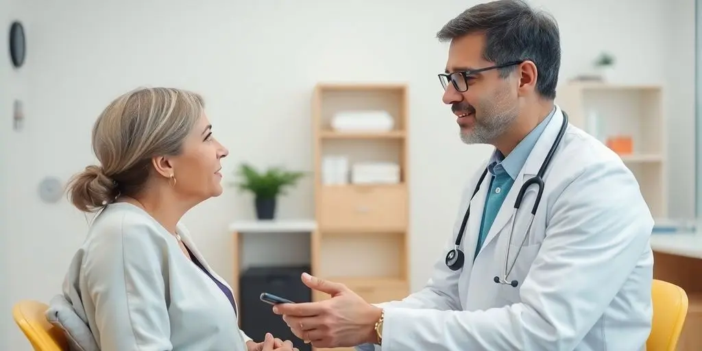Patient und Arzt in heller medizinischer Praxis.