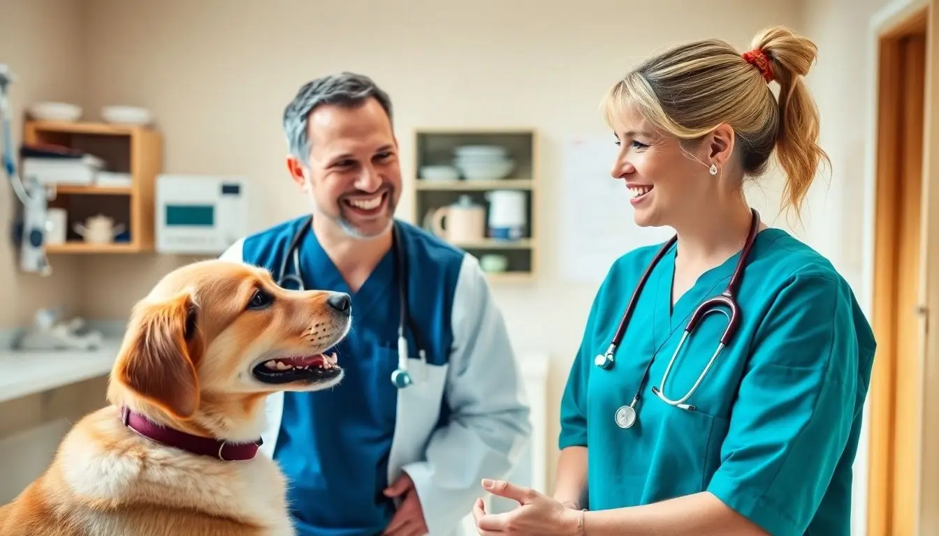 Giardiasis: Mann mit Hund in Arztpraxis.