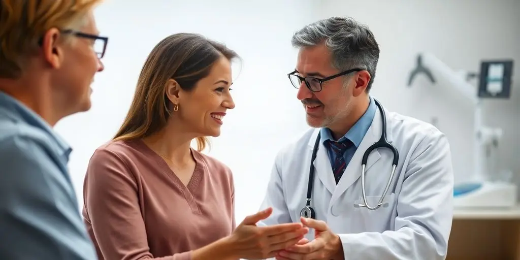 Patient und Arzt in einer hellen Arztpraxis.