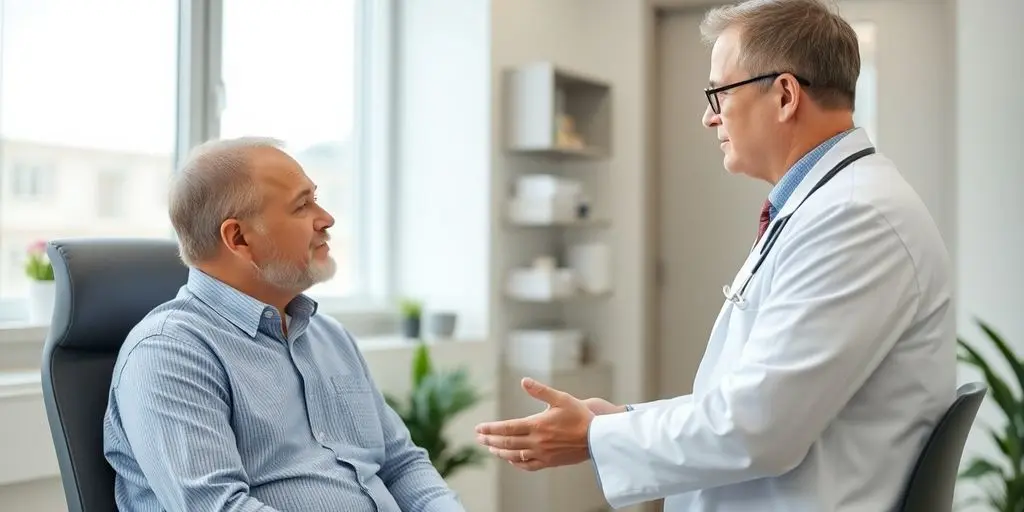 Erektile Dysfunktion: Patient und Arzt in einer hellen Arztpraxis.