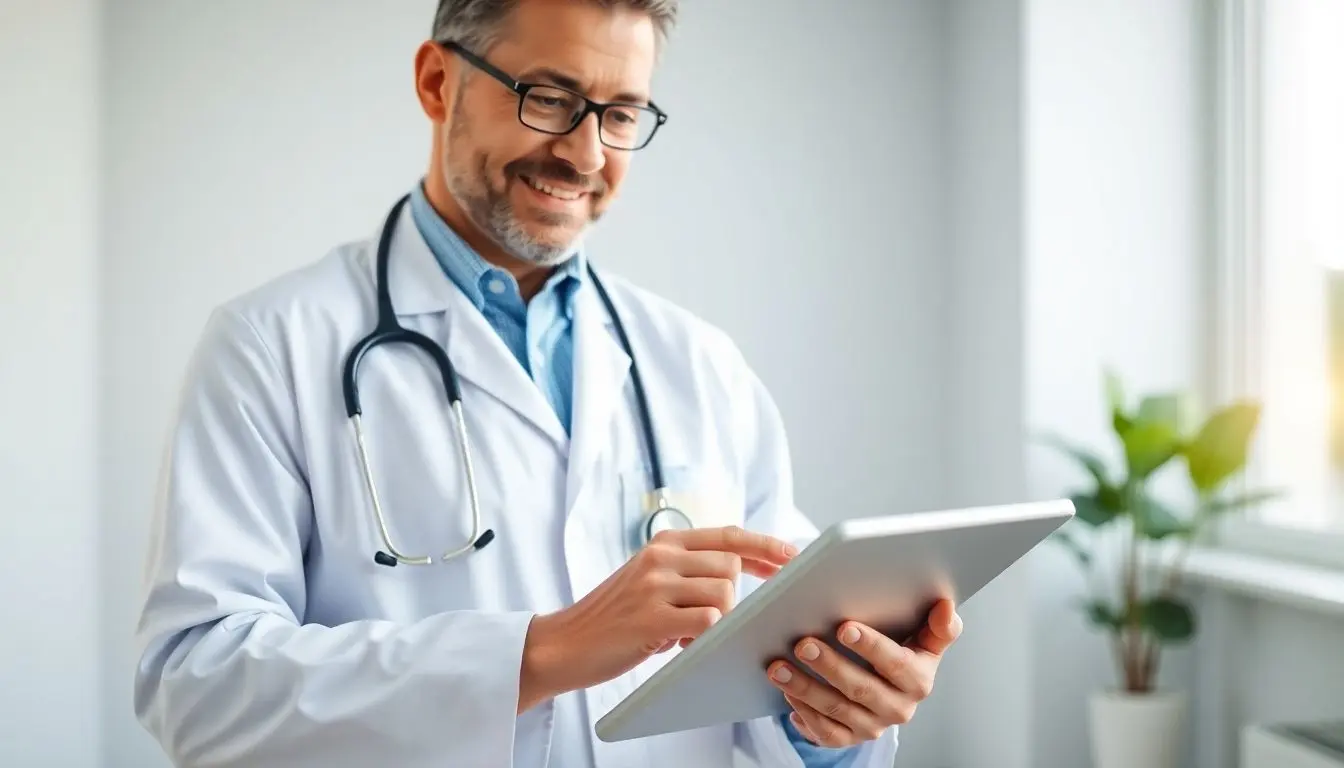 Becker-Muskeldystrophie: Arzt mit Tablet recherchiert.